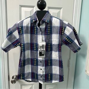 NWT Vintage Krazy Kat Kids Girl's Size S Blue White Hearts Plaid Button Up Shirt